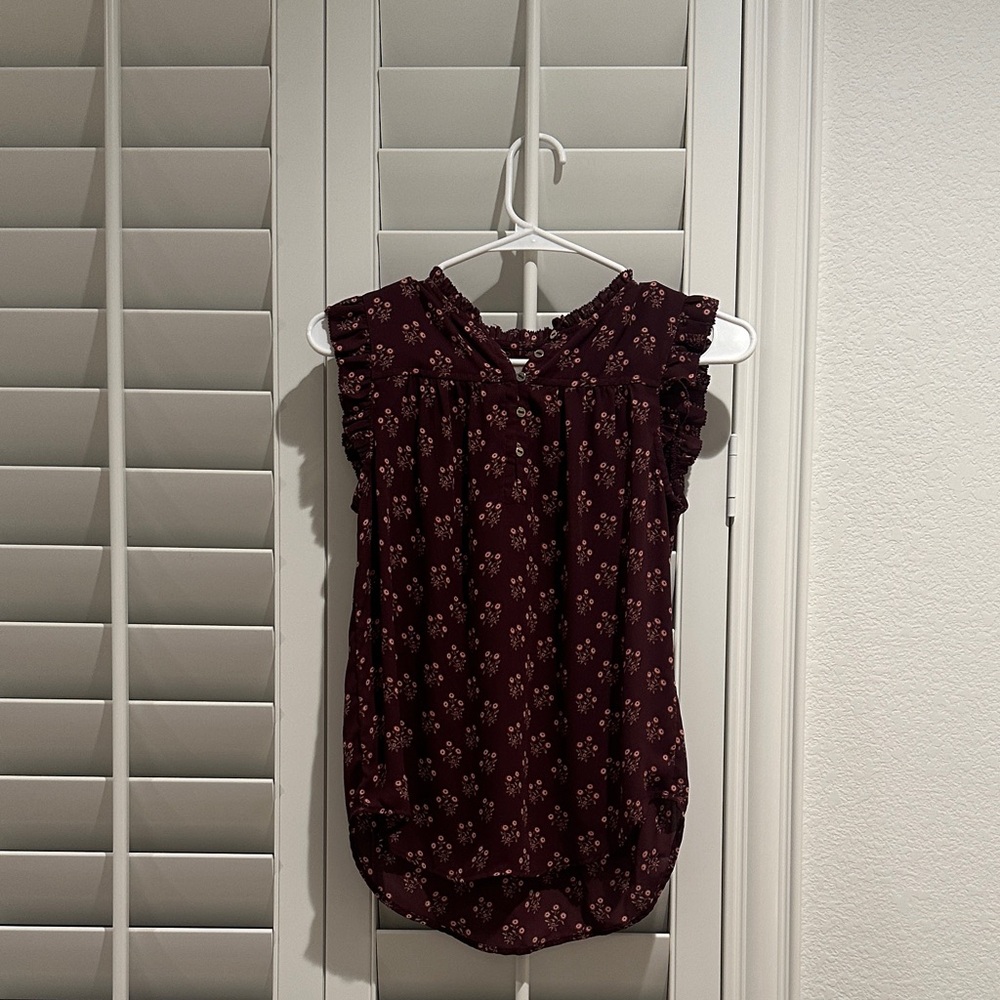 LOFT Burgundy Floral Ruffle Blouse
